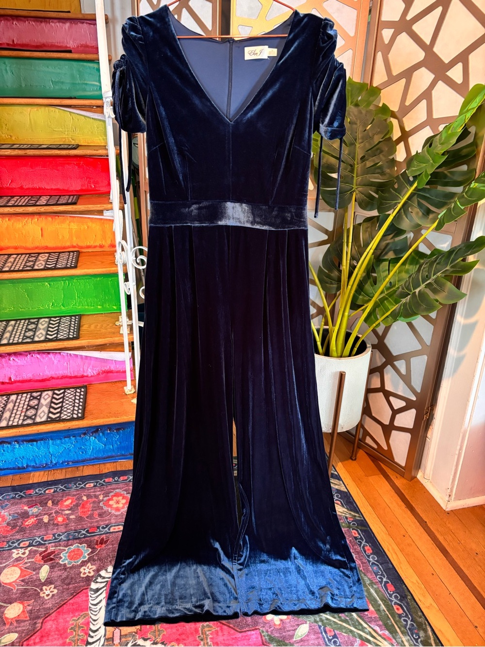 Eliza J Navy Velvet V-Neck Jumpsuit